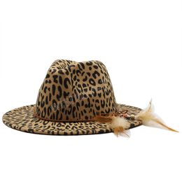 Women Men wool warm top fedora fashion trend unisex caps with feather leopard large size hats male classic bone bowler hat