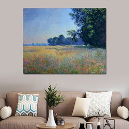 Handmade Claude Monet Oil Painting Oat and Poppy Field Giverny Modern Canvas Art Modern Landscape Living Room Decor