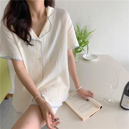 Women's Sleepwear Solid Sweet Summer Home Suit Women Single Breasted Shirts Shorts Set Two Piece Pajamas Korean Cotton