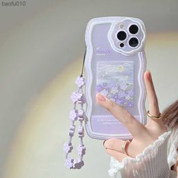 Wave Border Oil Painting Flowers Purple Chain Phone Case For IPhone 14 Plus 13 12 Pro 11 Pro Max XR XS Max Cute Protection Cover L230619