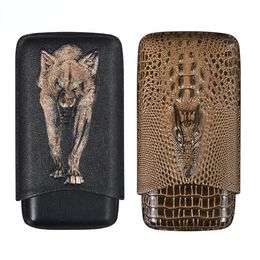 Portable Travel Cigars PU leather Case Crocodile Cigar Holder Cool Wolf Embossed Cigar Humidor 3 Tube Count Cigar Bag& Pouch Box