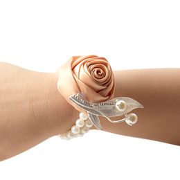 Girls Bridesmaid Wrist Flowers Wedding Party Boutonniere Satin Rose Bracelet Hand Flowers Wedding Supply Accessories Artificial