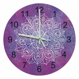 Wall Clocks Purple Watercolour Mandala Luminous Pointer Clock Home Ornaments Round Silent Living Room Bedroom Office Decor