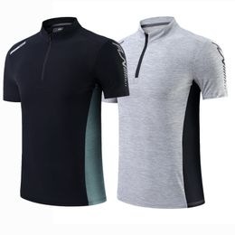 Men's T-Shirts Summer Breathable Short Sleeve Zipper collar Men Running Fitness Tshirt elastic Quick Dry Sports Bodybuilding Training Shirts 230714