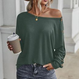 Women's T Shirts Women T-shirt Solid Color O-Neck Batwing Sleeve Bottoming Top Autumn Winter Loose Buttons Decoration Blouse Streetwear