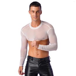 Men's T Shirts Sexy Mens Long Sleeve Bodybuilding T-shirt See-through Mesh Muscle Crop Top Mock Neck Cover Ups Beachwear Stage Show Costume