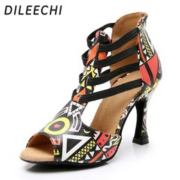 Sandals DILEECHI Featured print Dance Shoes For Women Latin Salsa Dance Boots Paty Ballroom Dance Shoes Women Shoes cuban heel 9CM 230714