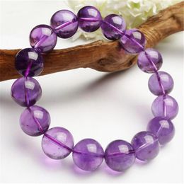 Strand 13mm Transparent Crystal Quartz Round Beads Bracelets Femme Women Ladies Charm Stretch Genuine Natural Purple Bracelet