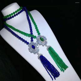 Chains Charming 10 Mm Round Green Blue Stone Necklace Micro Inlay Zircon Accessories Tassel Long 88-90 Cm