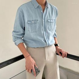 Men's Casual Shirts SYUHGFA 2023 Autumn Denim Shirt Fashion Long Sleeve Tops Korean Style Solid Colour Vintage Loose Cardigan