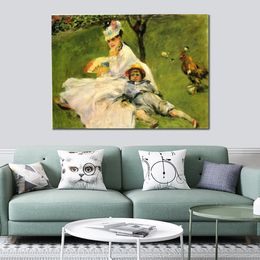 Camille Monet and Her Son Jean in The Garden Hand Painted Claude Monet Canvas Art Impressionist Painting for Modern Home Decor