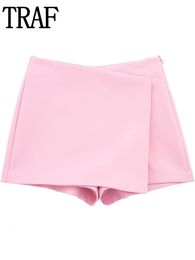 Skirts TRAF 2023 Pink Skirt Shorts High Waist Pants Asymmetric Y2K Streetwear Casual Skorts For Women Fashion Wrap Mini 230715