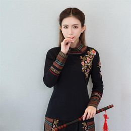 Ethnic Clothing Chinese Style Women Clothes 2021 Autumn Retro Embroidery Cotton Blouse Black Hanfu Ladies Tops 11984214f