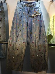 Women's Jeans Fashion Diamond Beaded High Waist Tassel Straight Broken Hole Washed Denim Long Pants 2023 Summer Korean Clothing