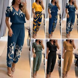 Women's Two Piece Pants 2Pcs/Set V-neck Short Sleeve Lady Outfit High Waist Thin Cropped T-shirt Wide Leg Harem Set Streetwear