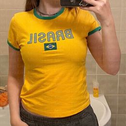 Women's T-Shirt Cutistation Brazil Crop Top Yellow Summer Clothing Women's Football Crop Baby T-shirt Y2K Sexy Ultra Thin Short Sleeve Graphic T-shirt 230714