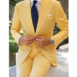 Men's Suits Yellow Prom Men Slim Fit Peaked Lapel Wedding Groom Tuxedos Latest Design Fashion 2 Piece Jacket With Pants