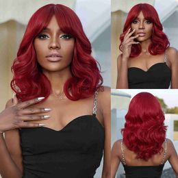 Synthetic Wigs Medium Length Synthetic Wigs Red Wavy Wigs With Bangs Halloween Cosplay Wig For Women Red Hair Natural Heat Resistant Fibre x0715