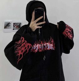 Women's Hoodies Cool Autumn Fire Print Hoodie Woman Streetwear Black Casual Loose Hip Pullover Sweatshirts