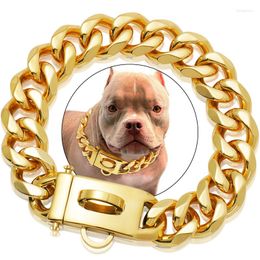 Dog Collars Upgrade Heavy Duty Gold Collar With Solid Buckle Stainless Steel Cuban Link Chain Luxury Metal Pets Walking Choker