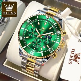 Other Watches OLEVS Men's Watch Quartz Waterproof Luminous Stainless Steel Green Sport Date Moon phase Wrist for Men Reloj hombres 230714