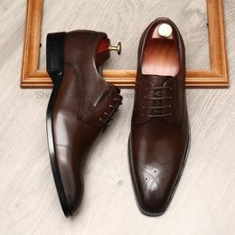 Genuine Leather Oxford Dress Shoes Men Lace Up Luxury Office Wedding Shoes Black Brown Brogue Pointed Oxfords Formal Shoes Men