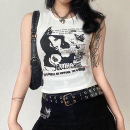 Women's Tanks Camis Vintage Apparel Y2k Crop Ultra Thin Printing Women's Network Gothic Sexy Aesthetics Pleated Fairy Core 90s Clothing Ropea Fairy Core 230714