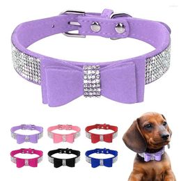 Dog Collars Small Medium Bling Rhinestone Suede Leather Bowknot Accessories Collar Adjustable Pet Puppy Kitten Pug Necklace