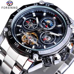 Forsining Brand Black Male Mechanical Watches Automatic Multifunction Tourbillon Moon Phase Date Racing Sport Steel Band Relogio277U