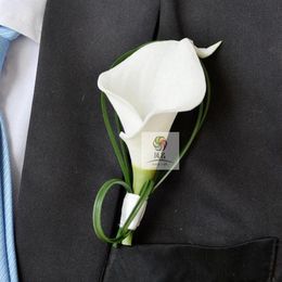 Hand Made White Calla Lily Flower Corsage Groom Groomsman Wedding Party Man Boutonniere Pin Brooch Decoration300R