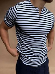 Men's T-Shirts Casual Mens Striped T-shirts Summer Slim Fit Short Sleeve Pullover Tops 2022 New Fashion Zipper O-Neck Tee Shirts Men Streetwear L230715