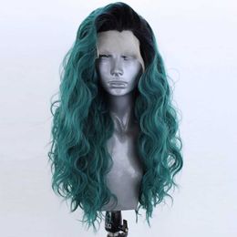 Nxy Green Synthetic Lace Front Wig Long Natural Wave Wigs for Women Side Part High Temperature Lace Wig Cosplay Wigs 230524