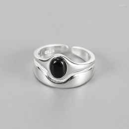 Cluster Rings Natural Black Agate Women S925 Sterling Silver Double Layer Gem Ring Female Luxury Jewellery Girl Party Banquet Gift