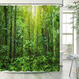 Shower Curtains Green Tropical Jungle Plant Shower Curtains Set Tree Forest Monstera Leaves Nature Scenery Fabric Bathroom Decor with