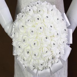 White Wedding Flower Bouquet Handmade Rose Rhinestone Pearl Bridal Bouquet Artificial Foam Flower with Satin 100% Brand New304y