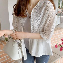 Women's Blouses 2023 Korean Stylish Hollow Cardigan Shirts And Elegant Summer Lace Women Half Sleeve Cotton Fashion Sunscreen Tops 26719