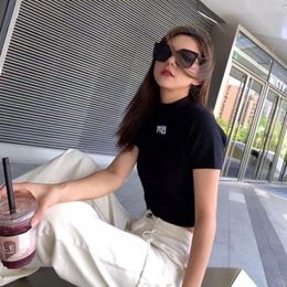 Women's T Shirts Gotoola Letter Wang2023 Summer Stand Collar Printed Wool Sweater Top Short Slimming Sleeve T-shirt For Women