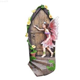 Garden Decorations Miniature Door Statue Decorative Resin Fairy Door Hanging Ornament For Tree Garden Fairy Knocking On The Door Outdoor Sculpture L230715