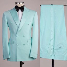 Men's Suits Light Blue Double Breasted Men Wedding Tuxedo Terno Masculino Prom Groom 2 Pcs Slim Blazer Jacket Pant Stripe Custom Made