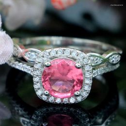 Cluster Rings 11x11mm Elegant 4.7g Pink Tourmaline White Sapphire Women Wedding Real 925 Solid Sterling Silver