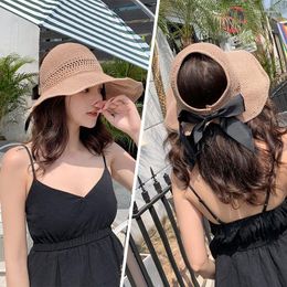 Berets Women Summer Big Wide Brim Straw Hat Female UV Protect Beach Sun Hats Hollow Top Foldable Ribbon Bows Ladies Panama Cap