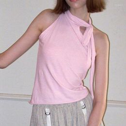Women's Tanks Y2K Cute Pink Crop Tops Asymmetrical One Shoulder Tie Up Halter Vest Women Sleeveless Tank Top Fairycore Coquette Summer