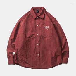 Men's Casual Shirts Vintage Plaid Shirt Streetwear Hip Hop Letter Print Long Sleeve 2023 Harajuku Front Pockets Button Blouses