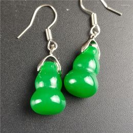 Dangle Earrings Natural Green Chalcedony Hand Carved 925 Silver Inlaid Gourd Fashion Jewelry Men's And Women's EarringsBuy 1 Get FREE