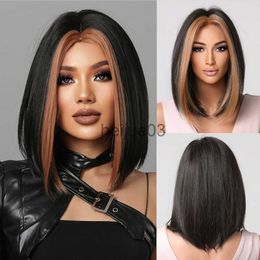 Synthetic Wigs Brown Black Golden Highlight Synthetic Short Straight Bob Hair Wigs for Afro Women Shoulder Blonde Natural Heat Resistant Hair x0715