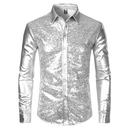 QNPQYX New Silver Metallic Sequins Glitter Shirt Men New 70's Disco Party Halloween Costume Chemise Homme Stage Performance Shirt Male