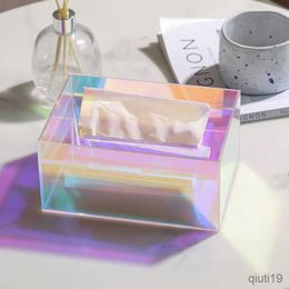 Tissue Boxes Napkins Iridescent Tissue Box Coffee Table Transparent Rainbow Paper Box Office Desktop Acrylic Tissue Storage Home Room Docer Gift R230715