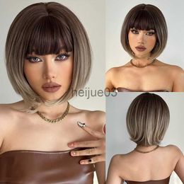 Synthetic Wigs oneNonly Short Bobo Wig Ombre Brown Blonde Grey Synthetic Wigs with Bangs Cosplay Natural Daily Hair for Women Heat Resistant x0715