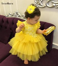 Girl's Dresses Baby Girls Clothes Yellow Puffy Tulle Lace Top Flower Girl Dress Infant First Birthday Party Gown 230714