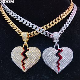 Pendant Necklaces Men Hip Hop Heart Broke Iced Out Bling Pendant Necklace 7mm Width 316L Stainless Steel Chain Necklaces Hiphop Fashion Jewelry 230714